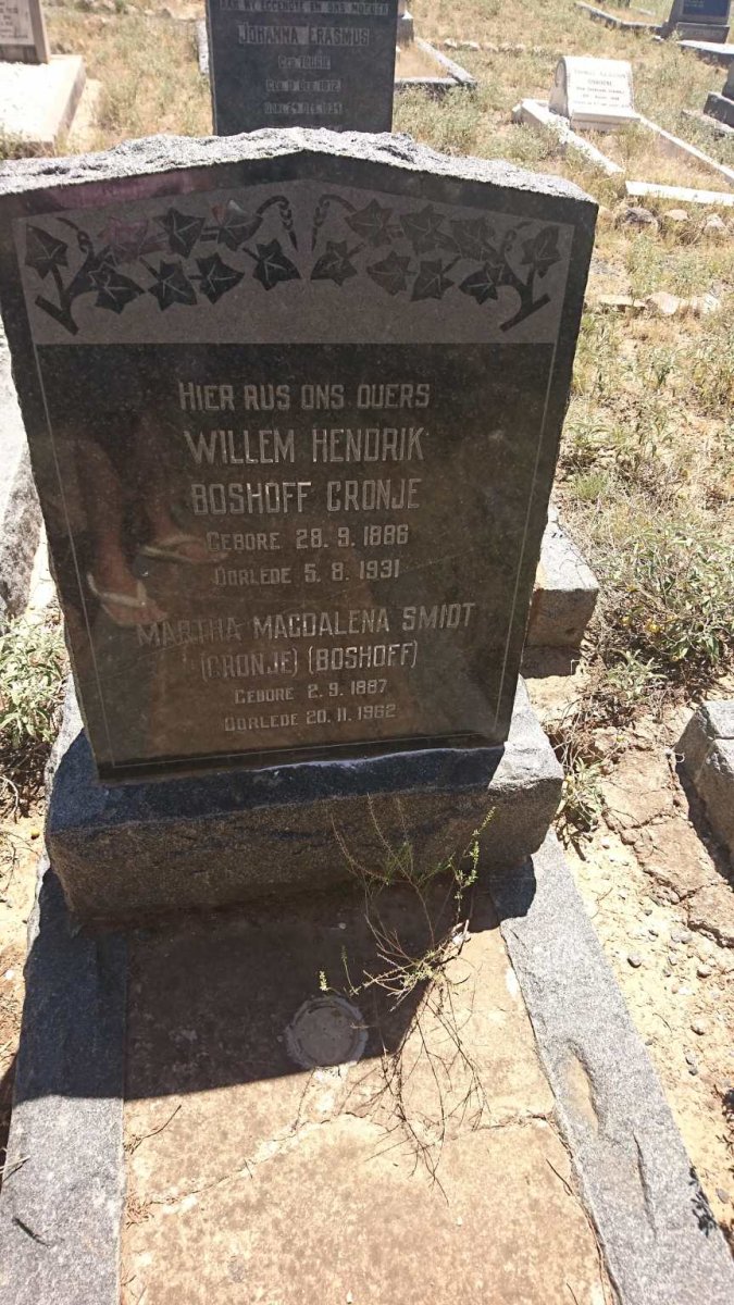 CRONJE Willem Hendrik Boshoff 1886-1931 &amp; SMIDT Martha Magdalena SMIDT voorheen CRONJE nee BOSHOFF 1887-1962
