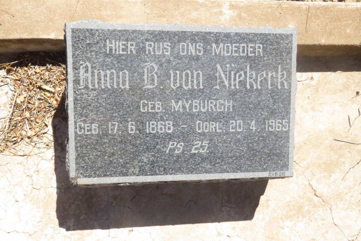 NIEKERK Anna B., van nee MYBURGH 1868-1965