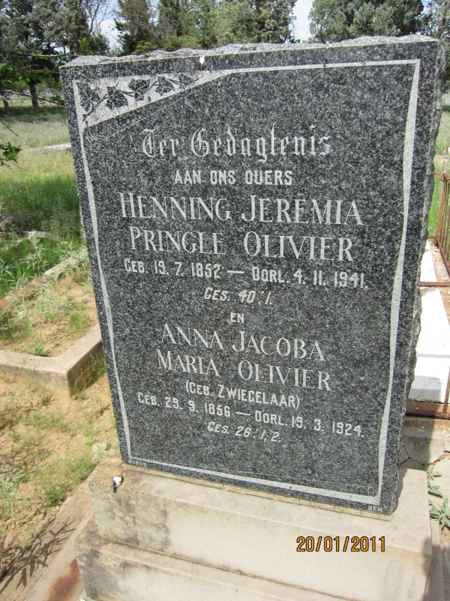OLIVIER Henning Jeremia Pringle 1852-1941 &amp; Anna Jacoba Maria ZWIEGELAAR 1856-1924