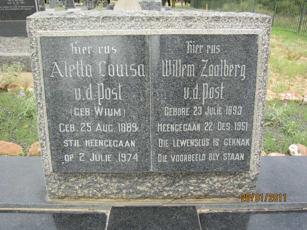 POST Willem Zaalberg, v.d. 1893-1951 &amp; Aletta Louisa WIUM 1889-1974