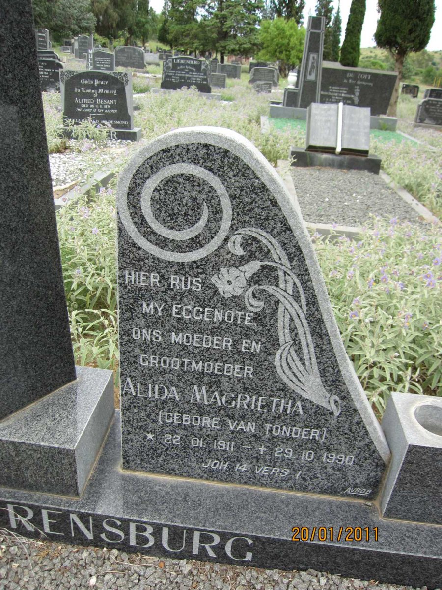 RENSBURG Alida Magrietha, Janse van nee VAN TONDER 1911-1990