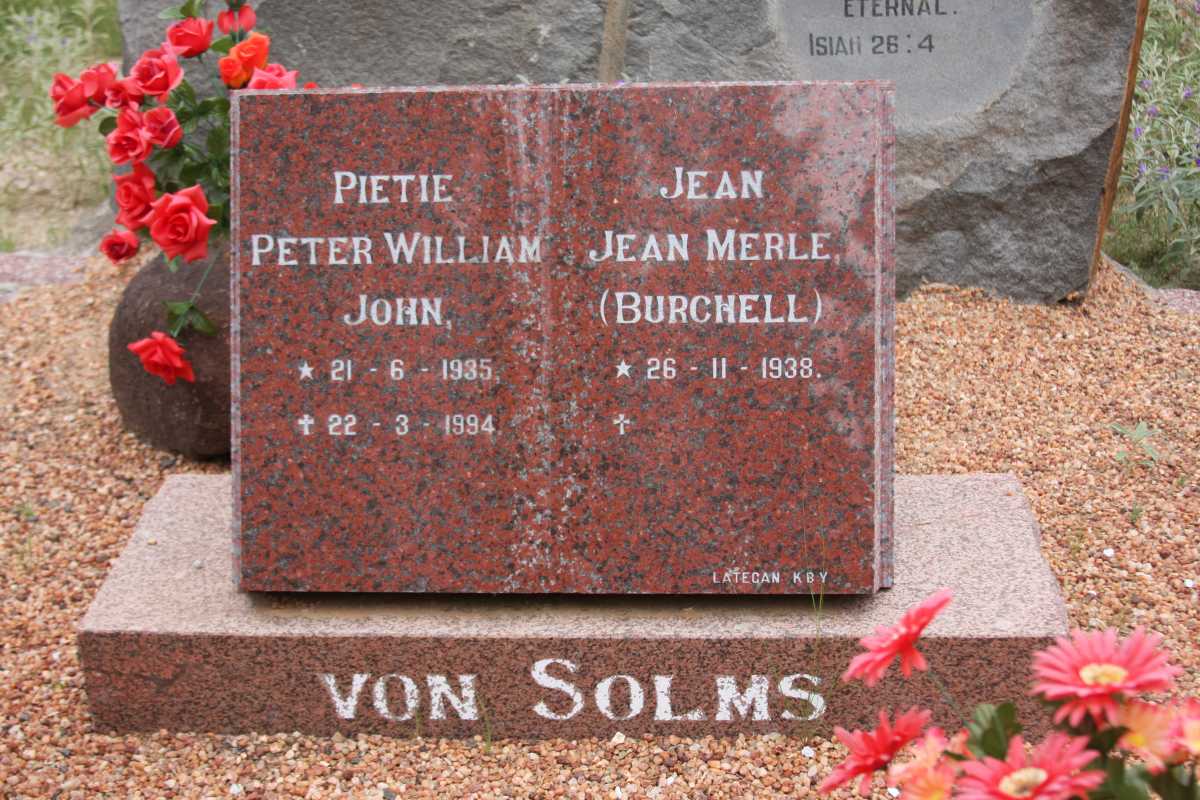 SOLMS Peter William John, von 1935-1994 &amp; Jean Merle BURCHELL 1938-