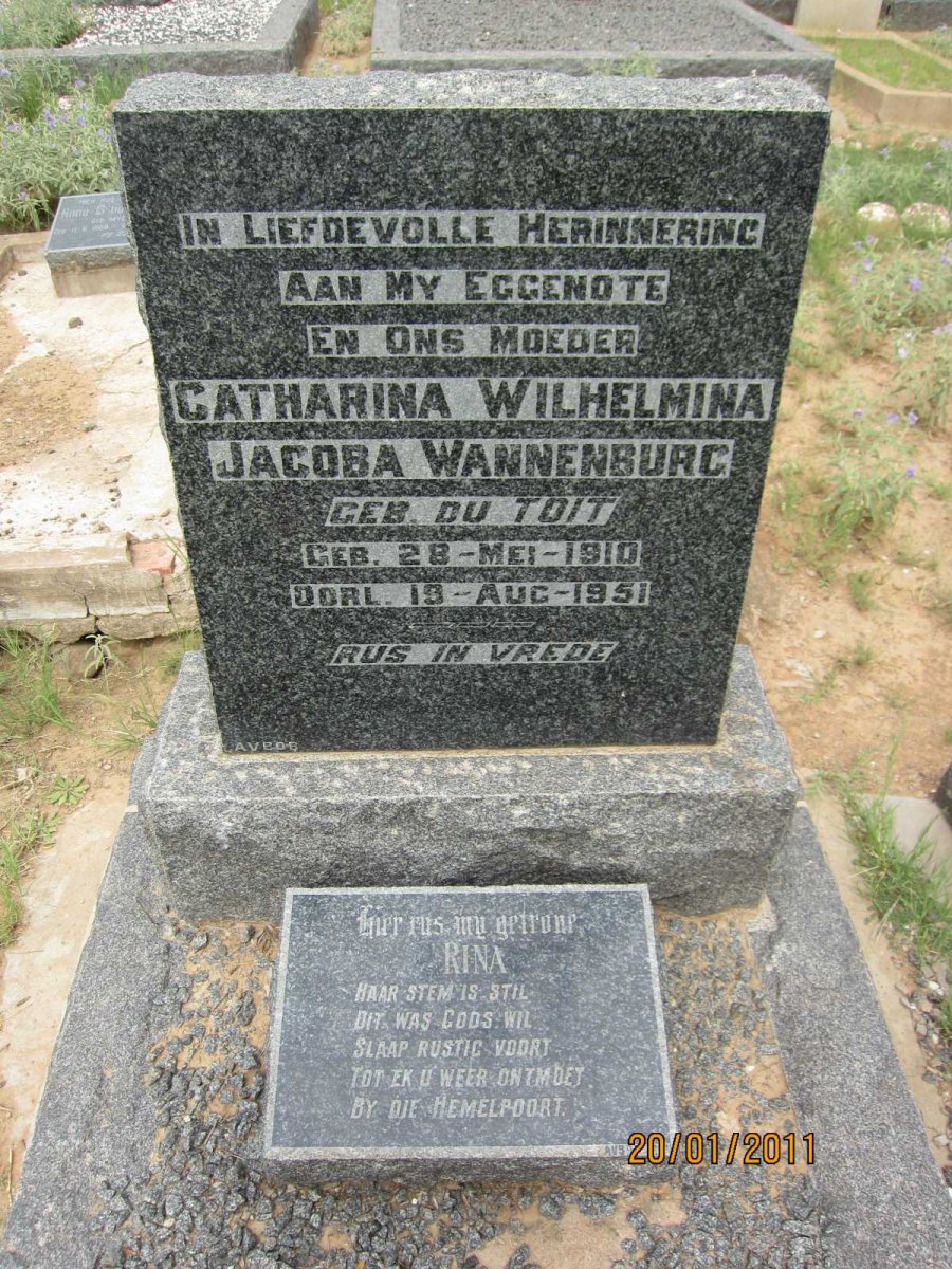 WANNENBURG Catharina Wilhelmina Jacoba nee du TOIT 1910-1951