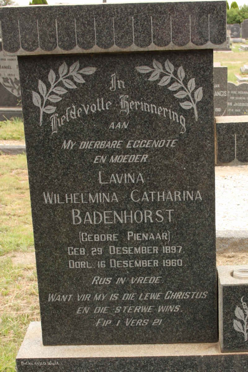 BADENHORST Lavina Wilhelmina Catharina nee PIENAAR 1897-1960
