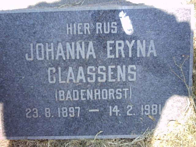 CLAASSENS Johanna Eryna nee BADENHORST 1897-1981