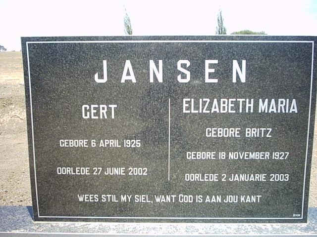 JANSEN Gert 1925-2002 &amp; Elizabeth Maria BRITZ 1927-2003