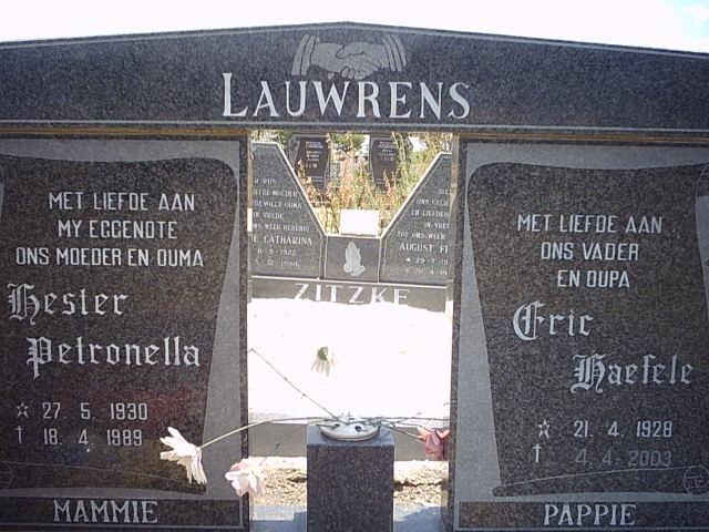 LAUWRENS Eric Haefele 1928-2003 &amp; Hester Petronella 1930-1989
