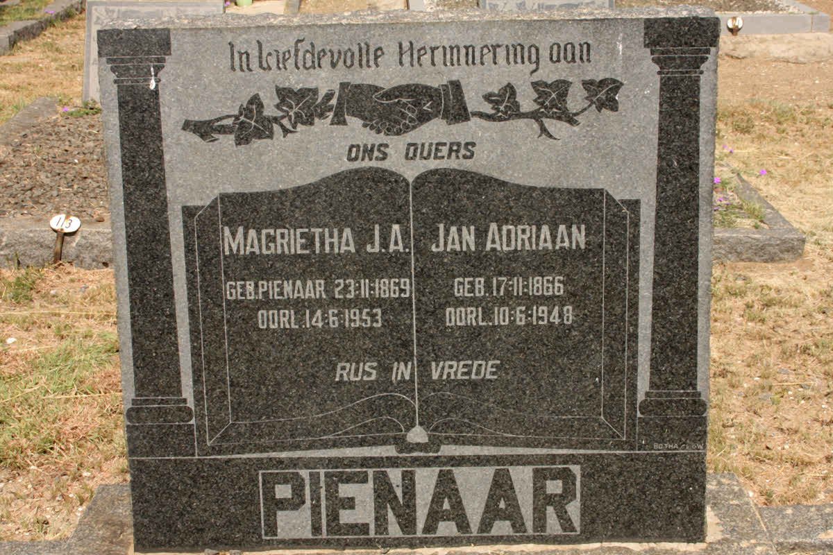 PIENAAR Jan Adriaan 1866-1948 &amp; Magrietha J.A. PIENAAR 1869-1953