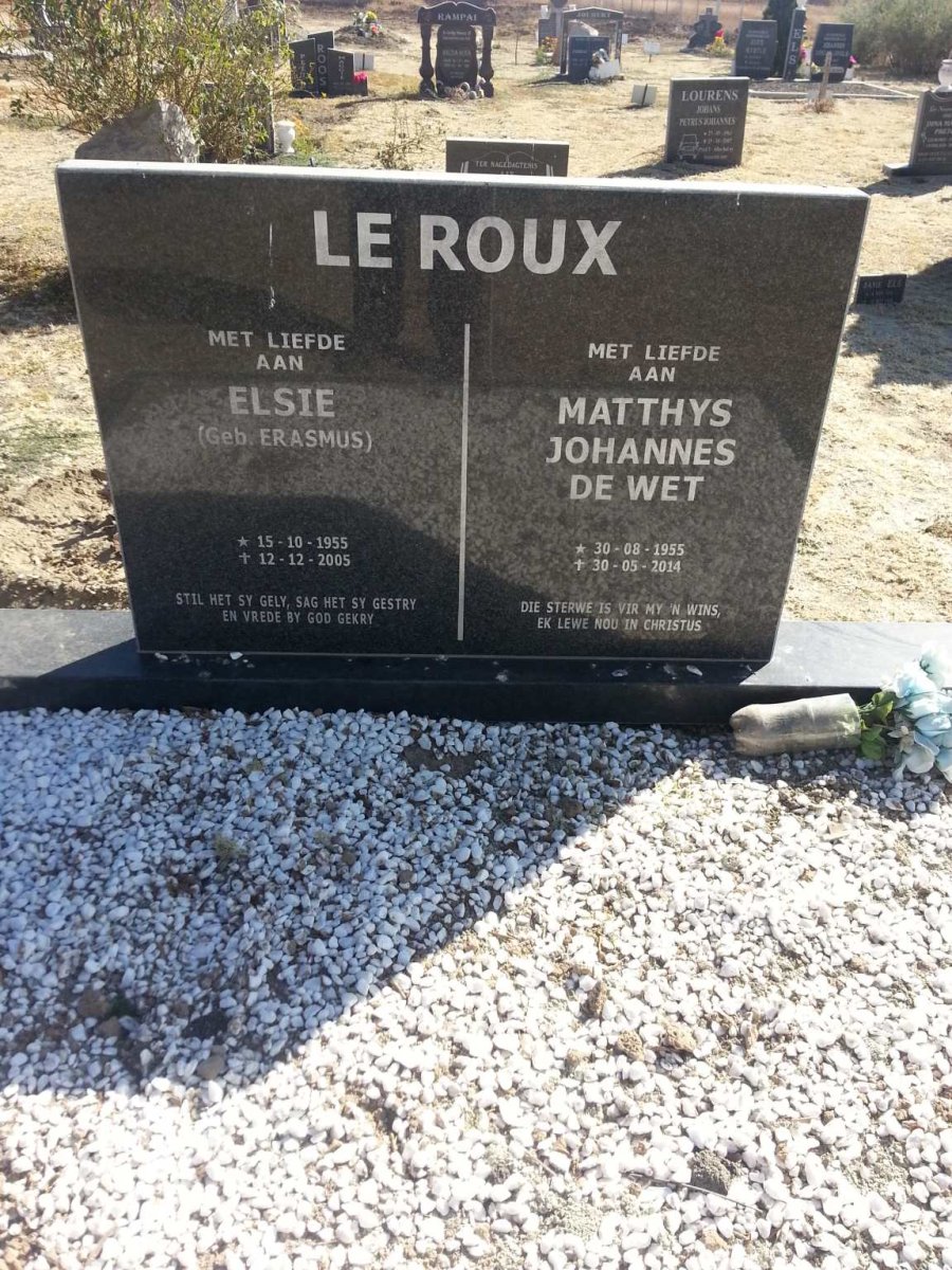 ROUX Matthys Johannes de Wet, le 1955-2014 &amp; Elsie ERASMUS 1955-2005