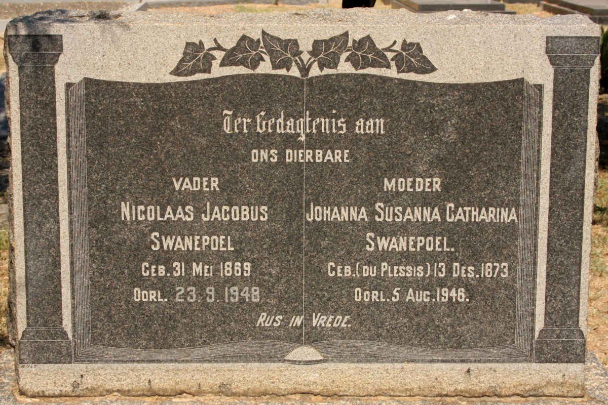 SWANEPOEL Nicolaas Jacobus 1869-1948 &amp; Johanna Susanna Catharina DU PLESSIS 1873-1946