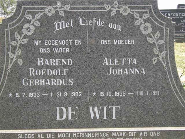 WIT Barend Roedolf Gerhardus, de 1933-1982 &amp; Aletta Johanna 1935-1991