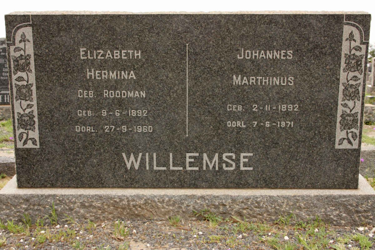 WILLEMSE Johannes Marthinus 1892-1971 &amp; Elizabeth Hermina ROODMAN 1892-1960