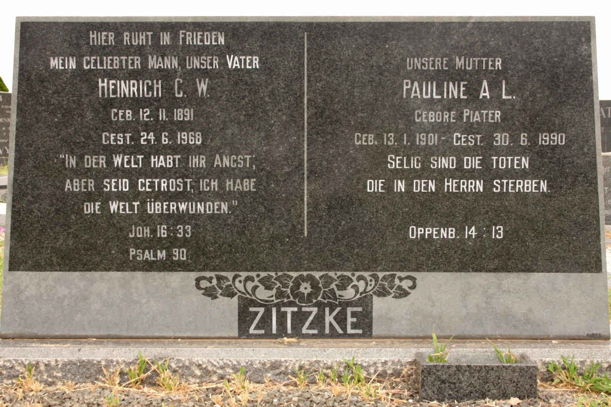 ZITZKE Heinrich C.W. 1891-1968 &amp; Pauline A.L. PIATER 1901-1990