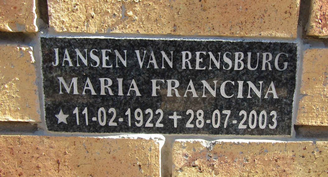 RENSBURG Maria Francina, Jansen van 1922-2003
