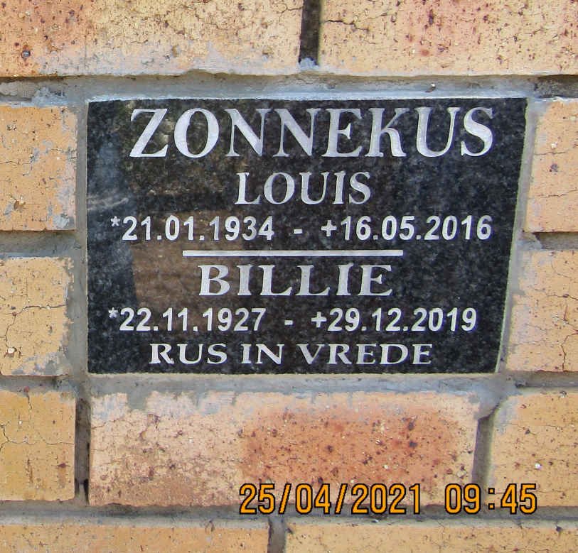 ZONNEKUS Louis 1934-2016 &amp; Billie 1927-2019