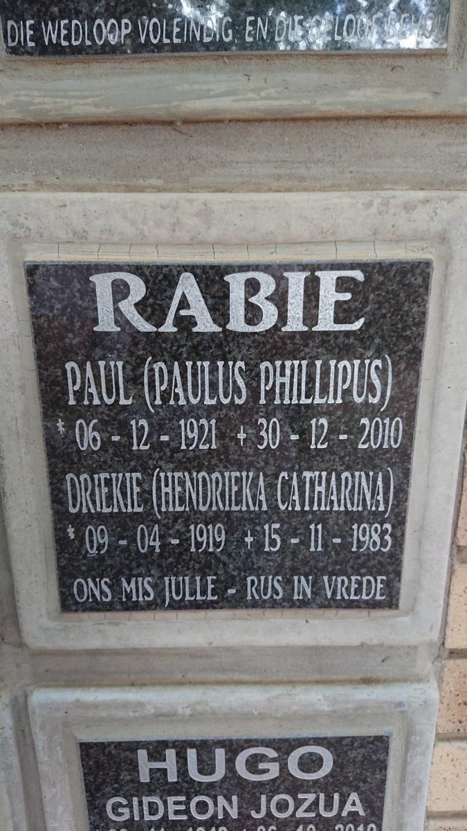 RABIE Paulus Phillipus 1921-2010 &amp; Hendrieka Catharina 1919-1983