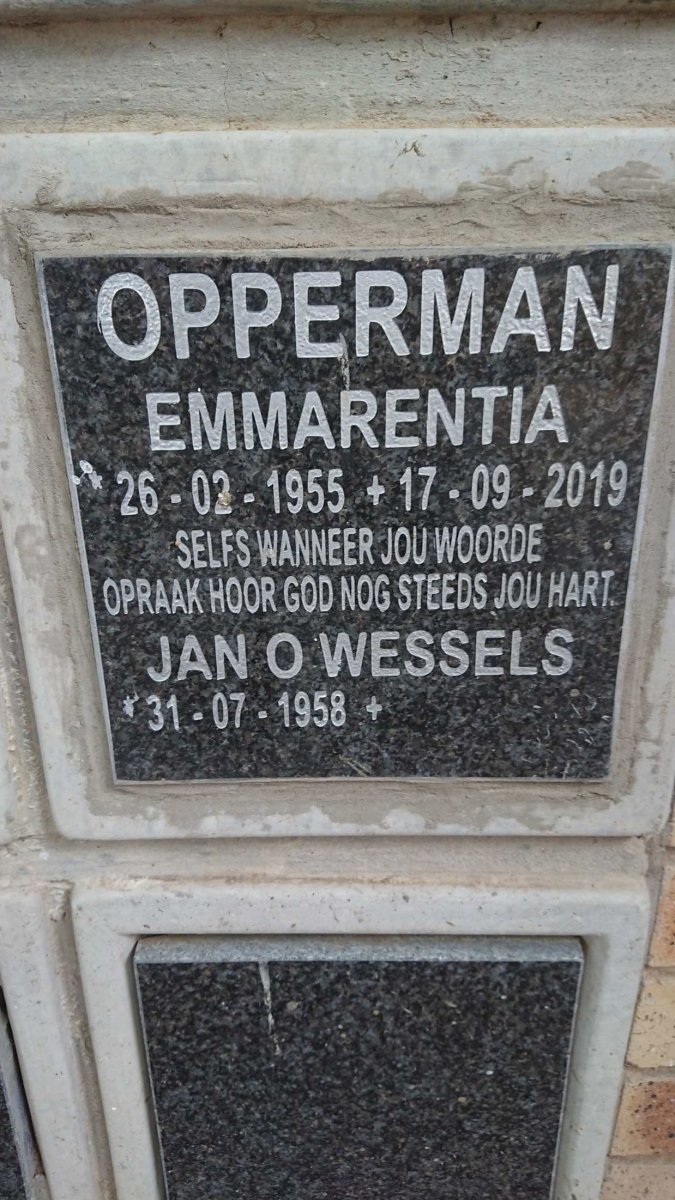 OPPERMAN Jan O. Wessels 1958- &amp; Emmarentia 1955-2019