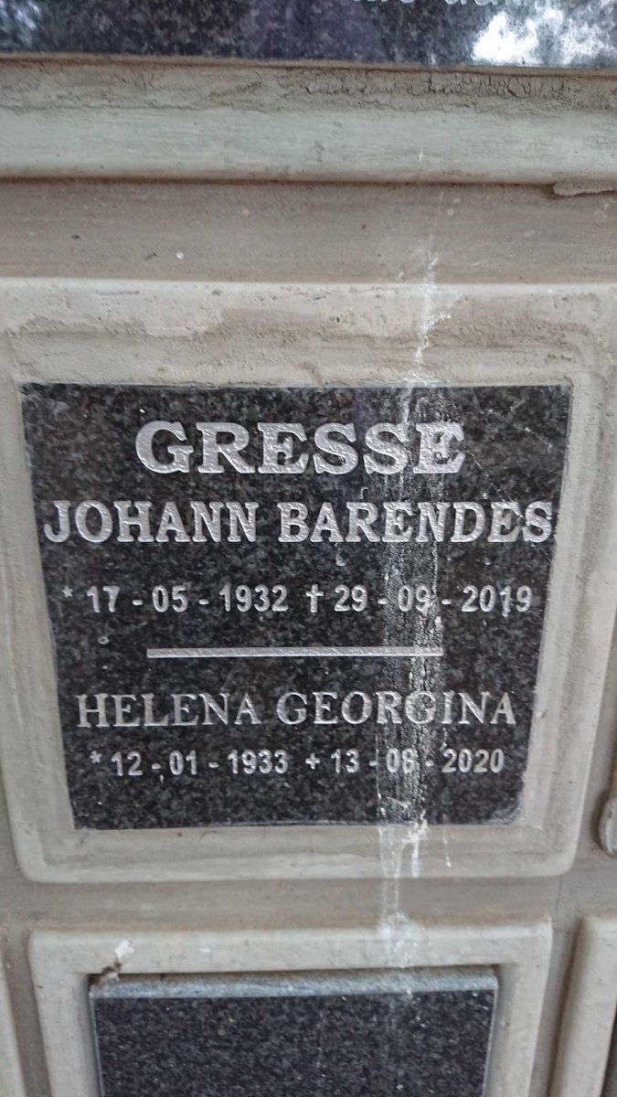 GRESSE Johan Barendes 1932-2019 &amp; Helena Georgina 1933-2020