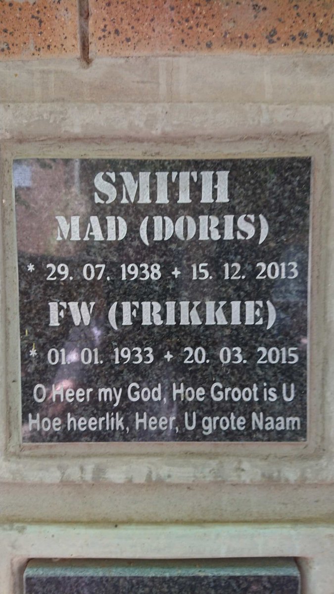 SMITH F.W. 1933-2015 &amp; M.A.D. 1938-2013
