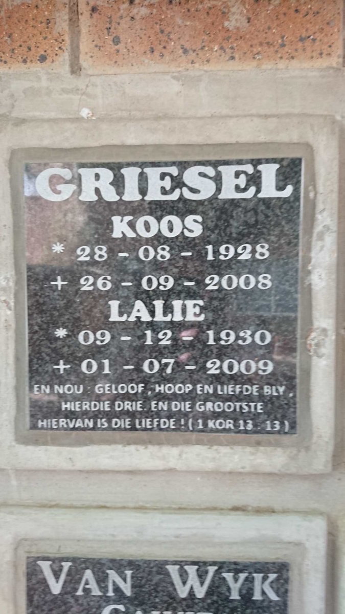 GRIESEL Koos 1928-2008 &amp; Lalie 1930-2009