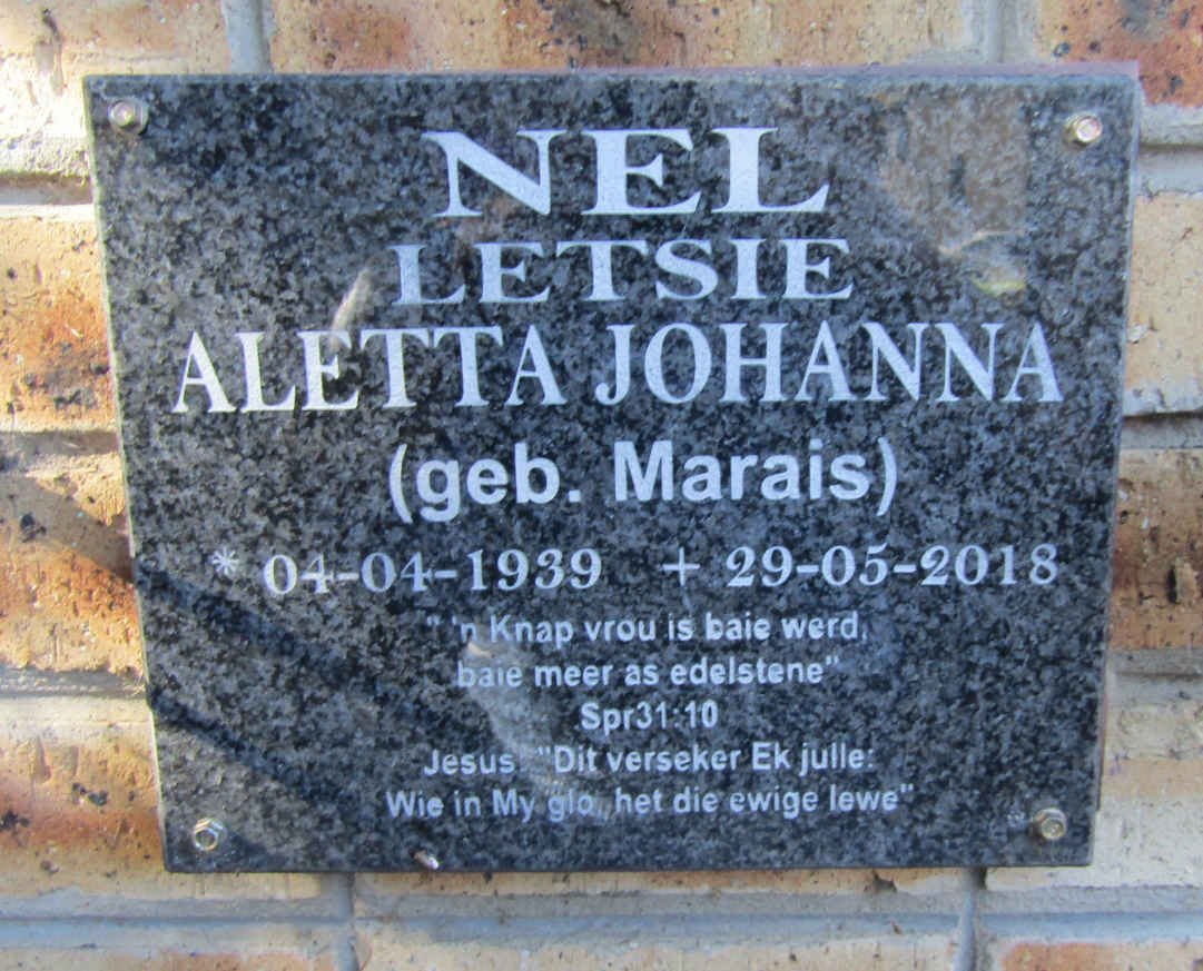 NEL Aletta Johanna nee MARAIS 1939-2018
