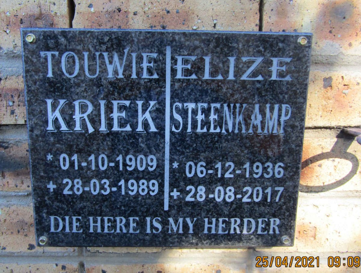 KRIEK Touwie 1909-1989 :: STEENKAMP Elize 1936-2017