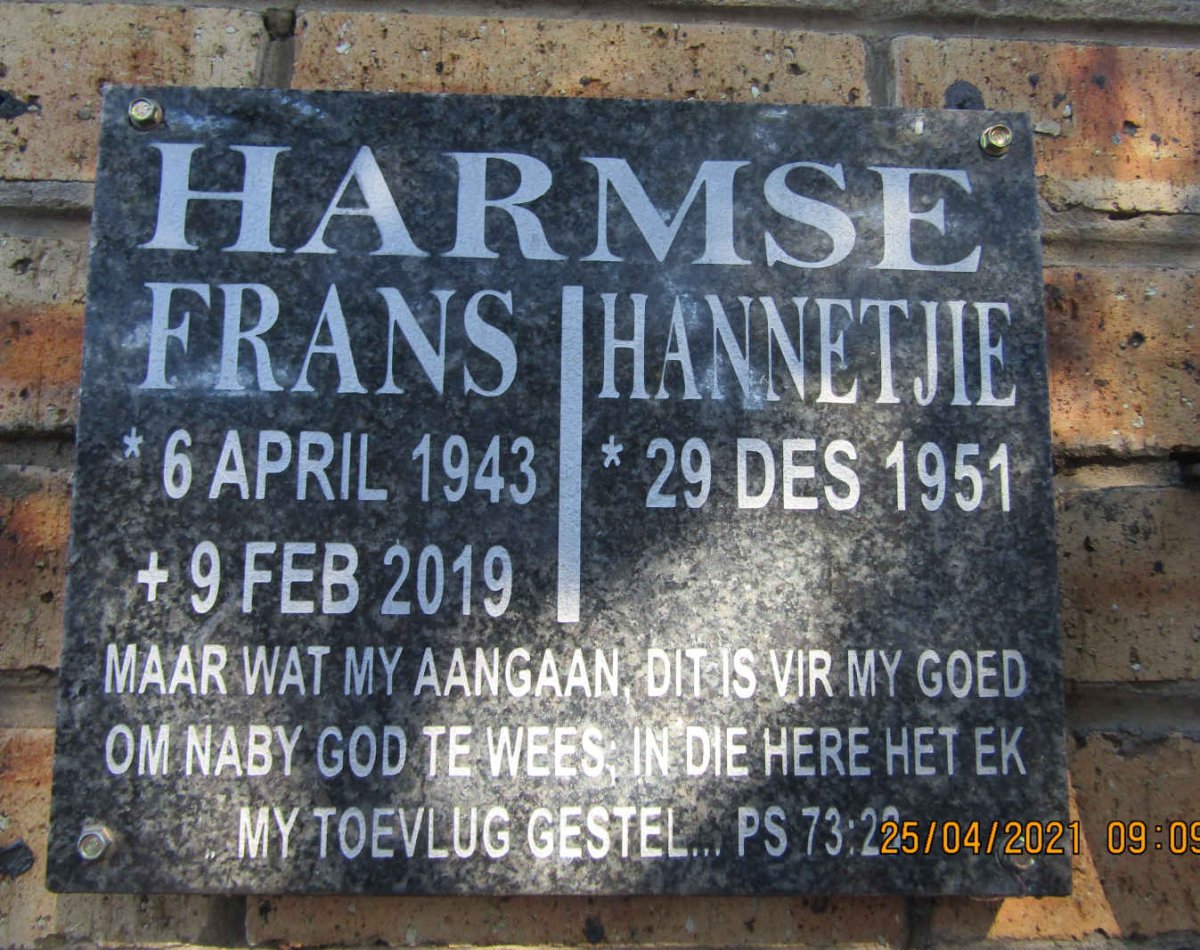 HARMSE Frans 1943-2019 &amp; Hannetjie 1951-