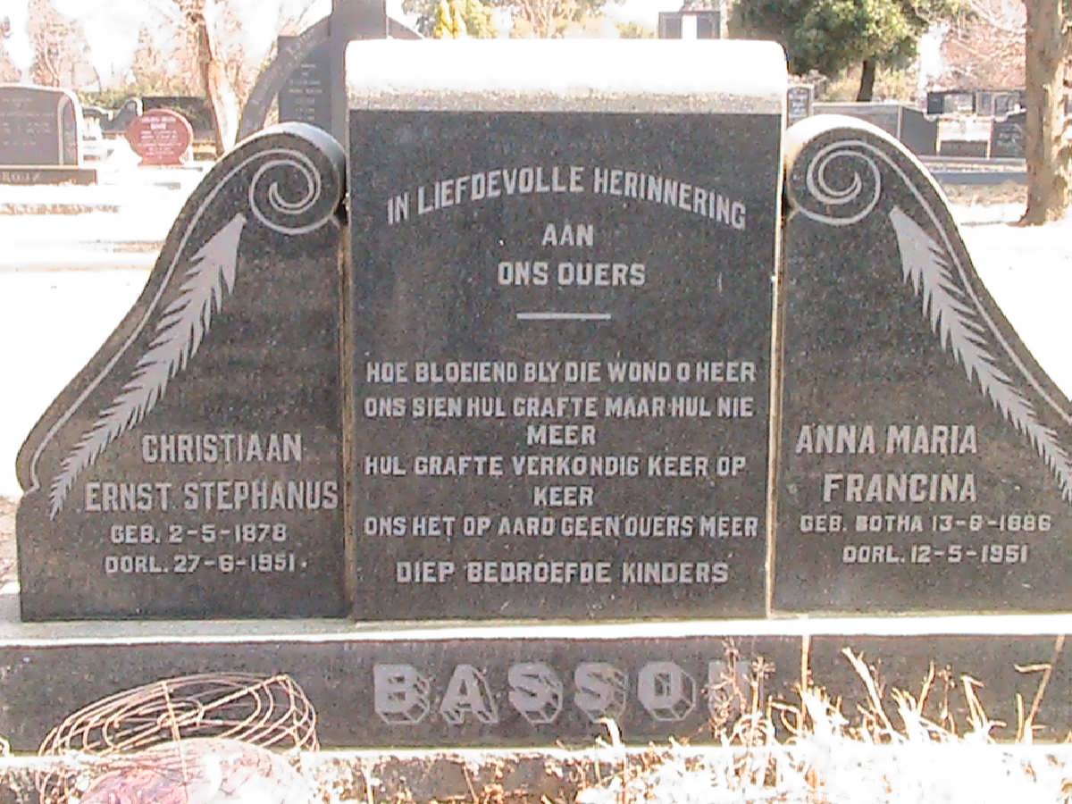 BASSON Christiaan Ernst Stephanus 1878-1951 &amp; Anna Maria Francina BOTHA 1886-1951