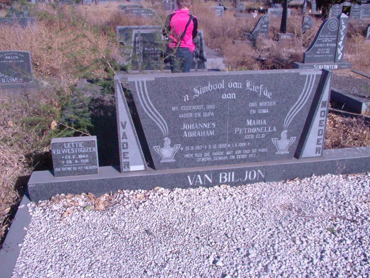 BILJON Johannes Abraham, van 1917-1980 &amp; Maria Petronella ELS 1919- :: VAN DER WESTHUIZEN Lettie 1946-1991