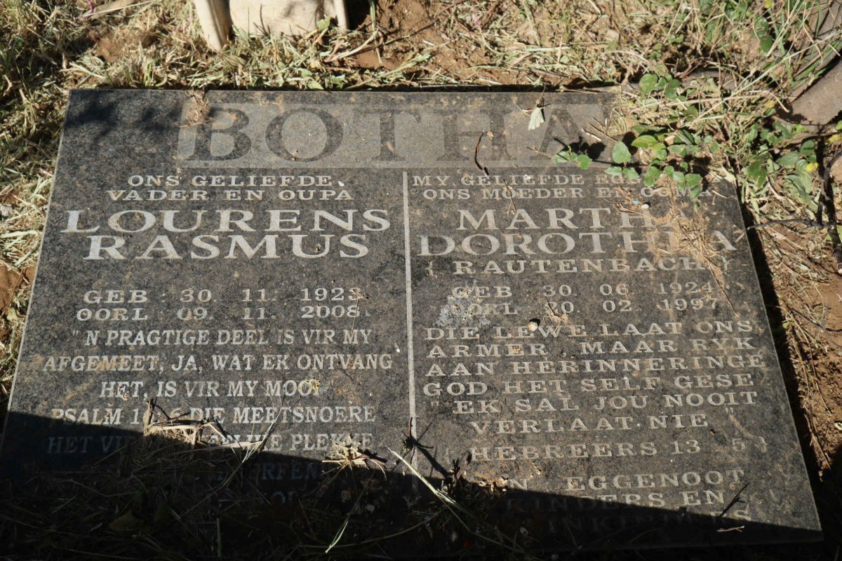 BOTHA Lourens Rasmus 1923-2008 &amp; Martha Dorothy RAUTENBACH 1924-1997