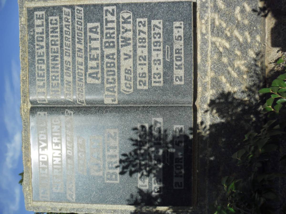 BRITZ Jan 1869-1957 &amp; Aletta Jacoba V. WYK 1872-1937