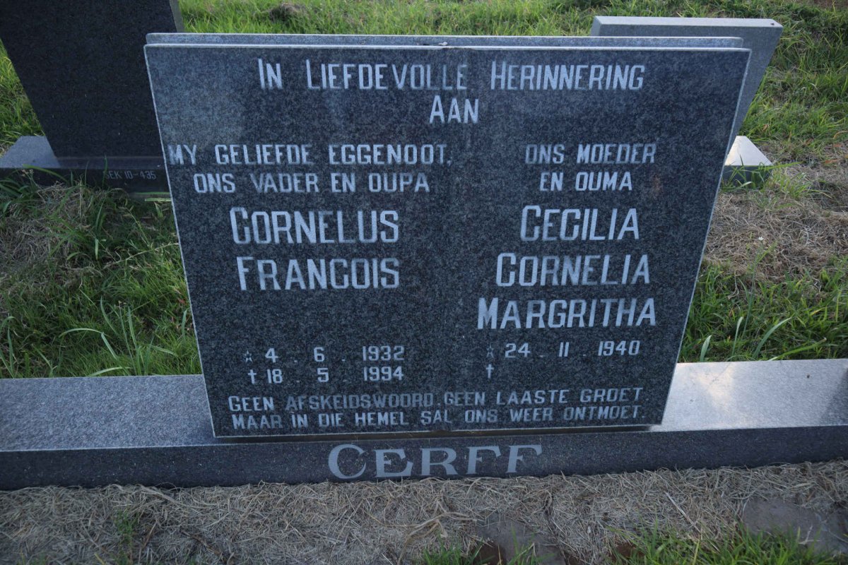 CERFF Cornelus Francois 1932-1994 &amp; Cecilia Cornelia Margritha 1940-