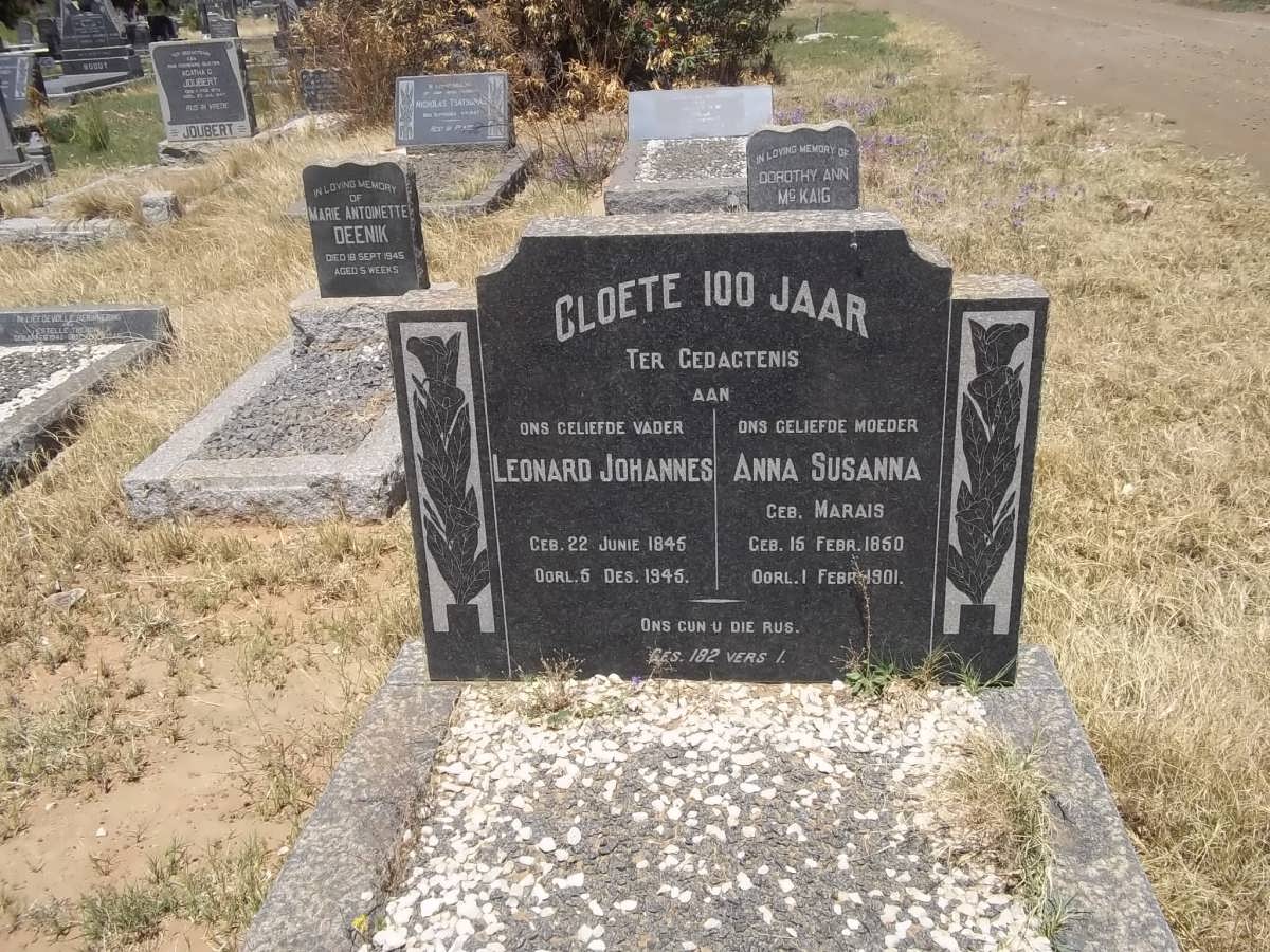 CLOETE Leonard Johannes 1845-1945 &amp; Anna Susanna MARAIS 1850-1901