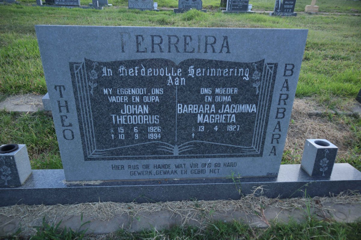FERREIRA John Theodorus 1926-1994 &amp; Barbara Jacomina Magrieta 1927-
