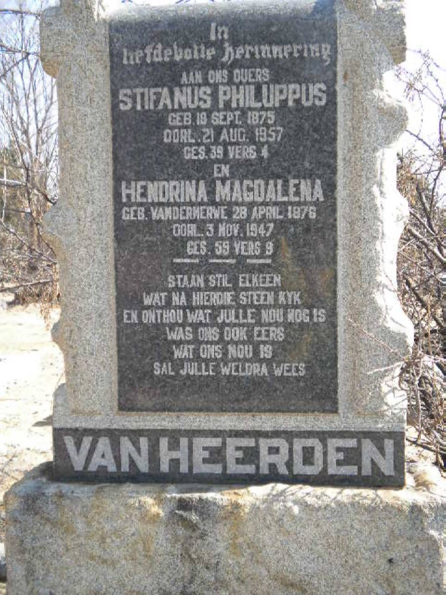 HEERDEN Stifanus Philippus, van  1875-1957 &amp; Hendrina Magdalena VAN DER MERWE 1876-1947