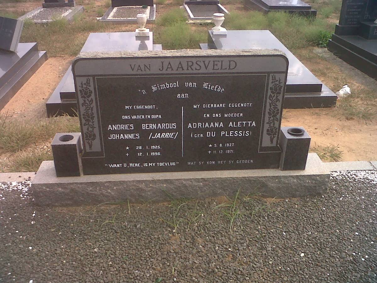 JAARSVELD Andries Bernardus Johannes, van 1925-1996 &amp; Adriaana Aletta DU PLESSIS 1927-1971