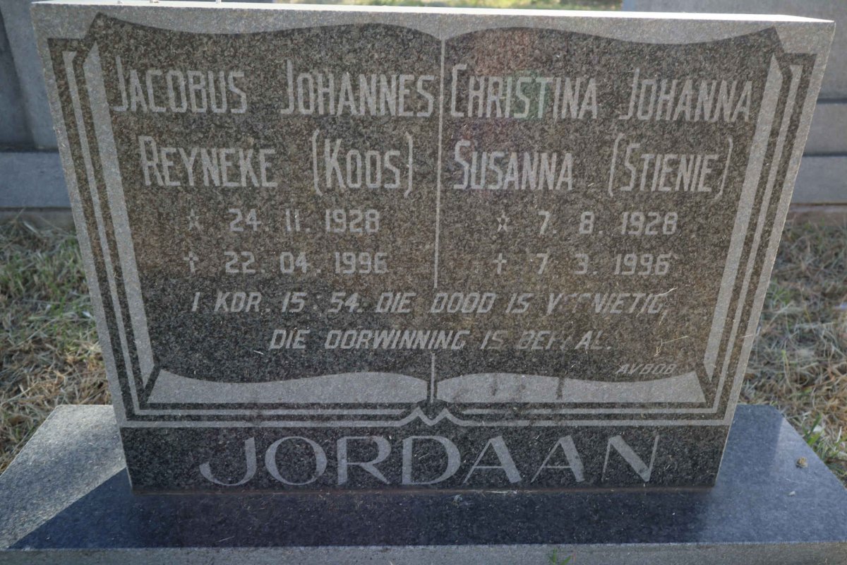 JORDAAN Jacobus Johannes Reyneke 1928-1996 &amp; Christina Johanna Susanna 1928-1996