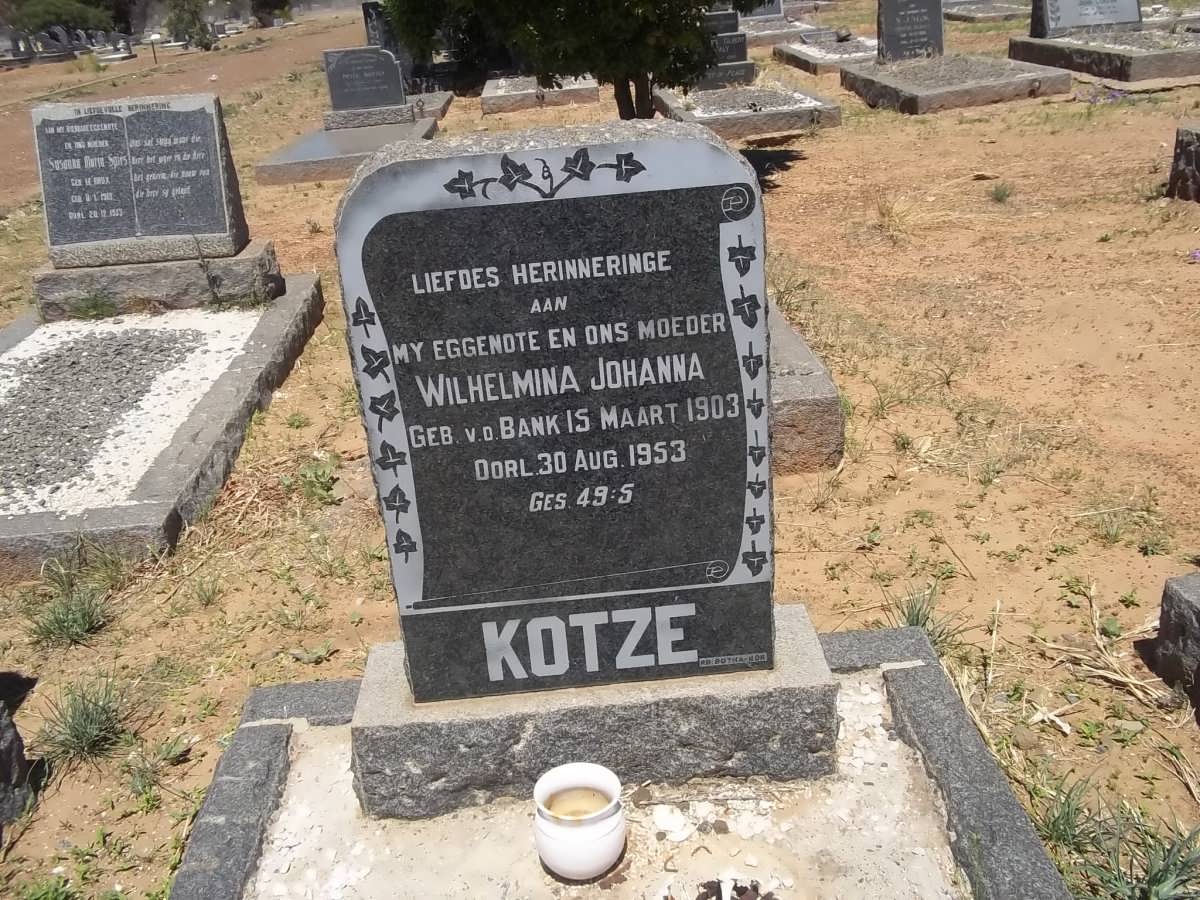 KOTZE Wilhelmina Johanna nee V.D. BANK 1903-1953