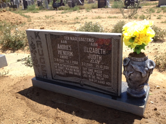 KRUGER Andries Hendrik 1946-2002 &amp; Elizabeth Judith SPAMER 1949-2011