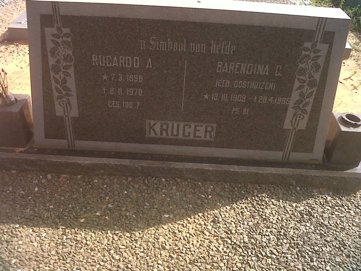 KRUGER Rucardo A. 1898-1970 &amp; Barendina C. OOSTHUIZEN 1909-1985