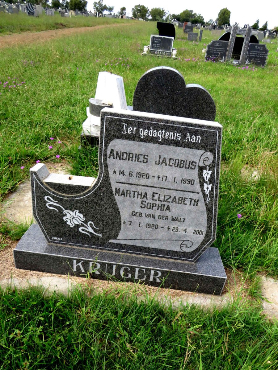 KRUGER Andries Jacobus 1920-1990 & Martha Elizabeth Sophia VAN DER WALT 1920-2001