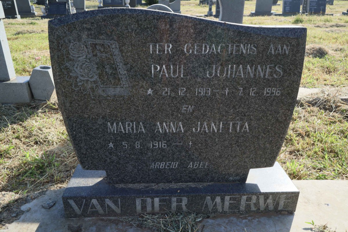 MERWE Paul Johannes, van der 1913-1996 &amp; Maria Anna Janetta 1916-