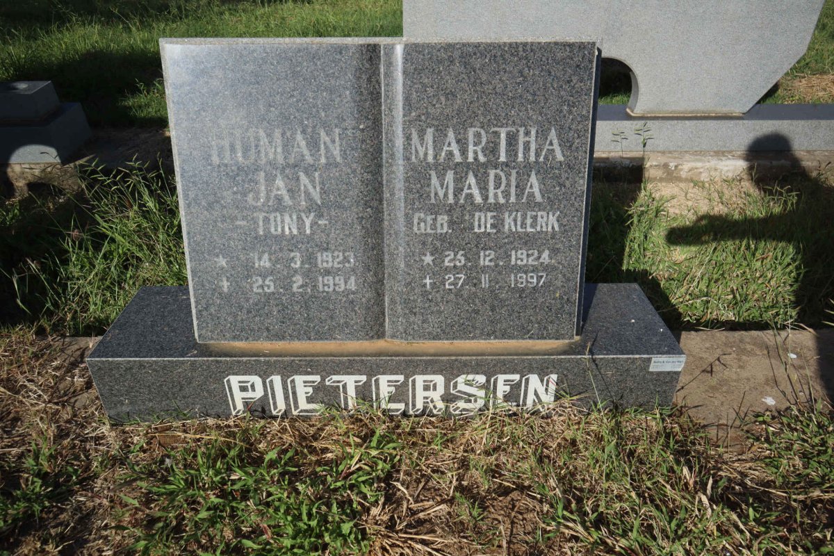 PIETERSEN Human Jan 1923-1994 &amp; Martha Maria DE KLERK 1924-1997