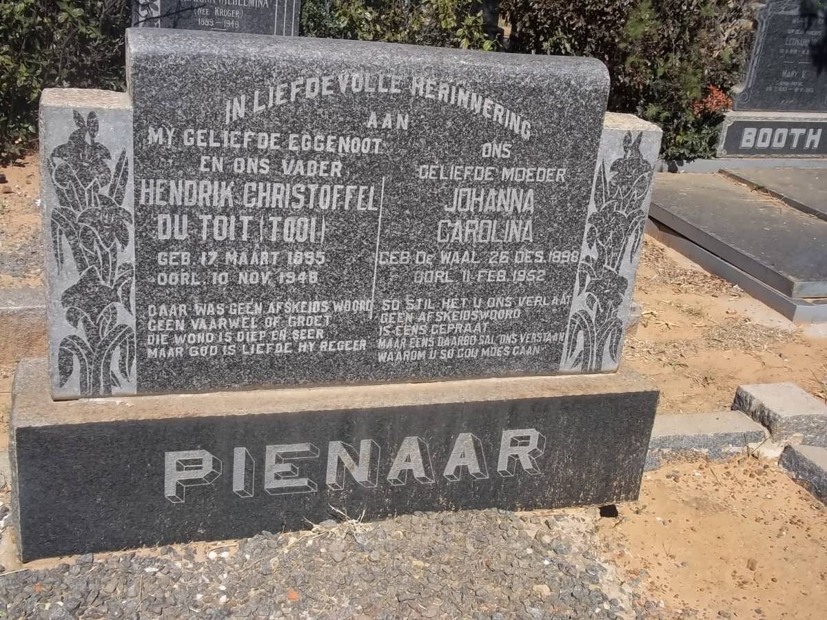 PIENAAR Hendrik Christoffel Du Toit 1895-1948 &amp; Johanna Carolina DE WAAL 1898-1952