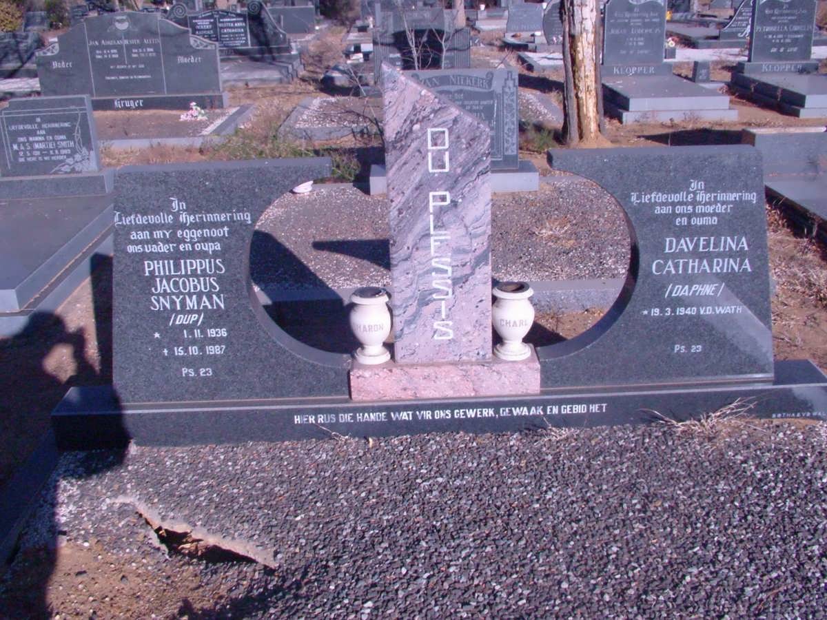 PLESSIS Philipus Jacobus Snyman, du 1936-1987 &amp; Davelina Catharina V.D.WATH 1940-