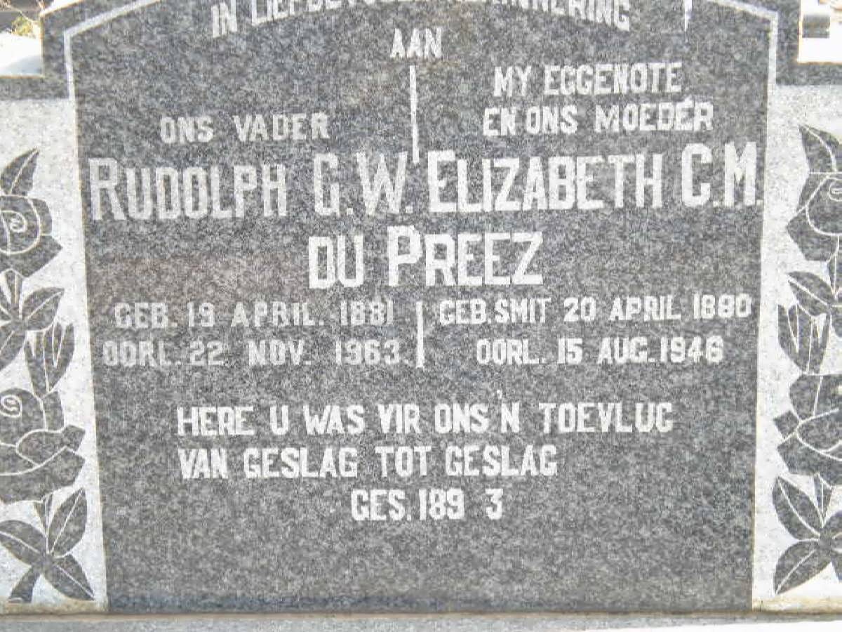 PREEZ Rudolph G.W., du 1881-1963 &amp; Elizabeth C.M. SMIT 1890-1946 
