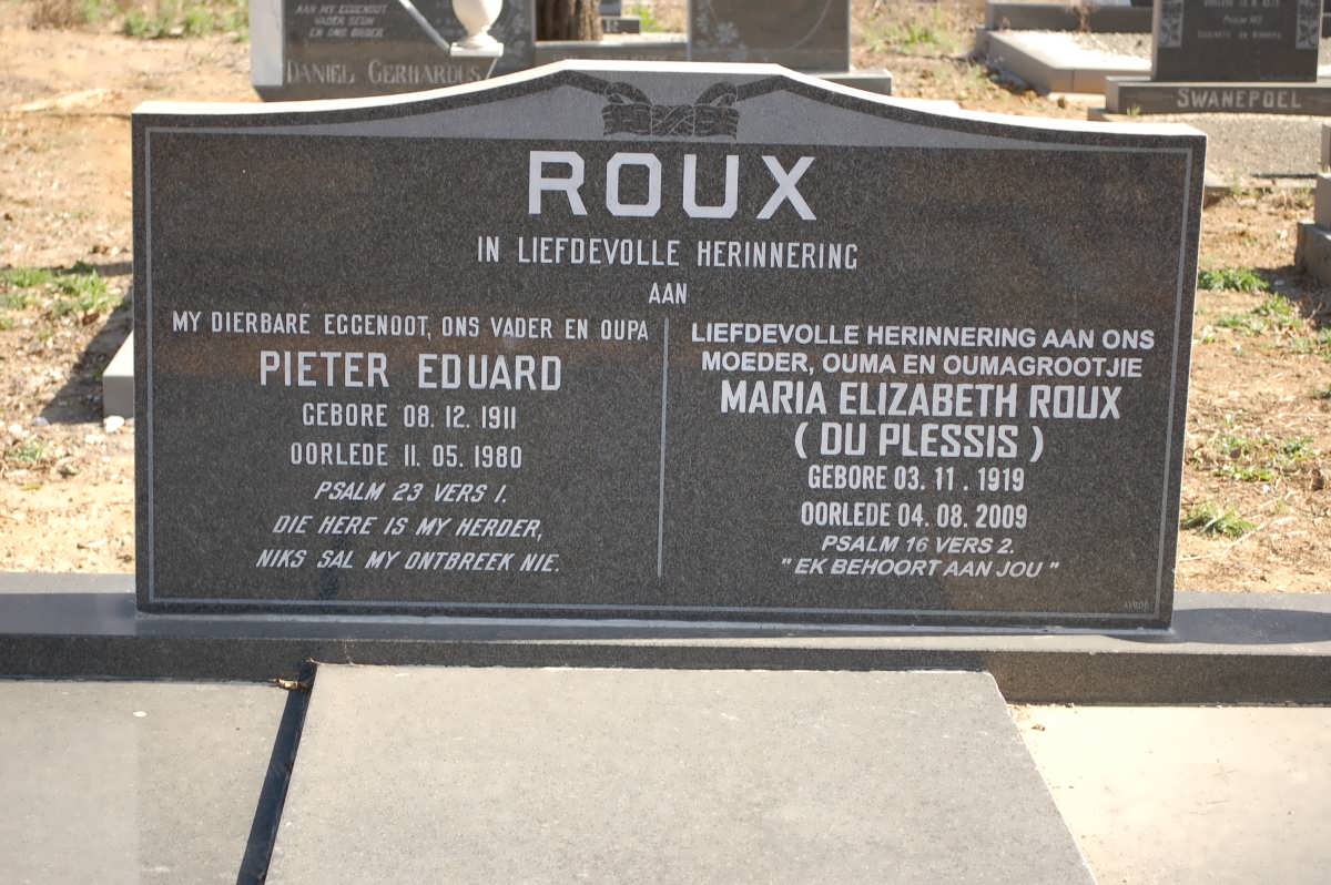 ROUX Pieter Eduard 1911-1980 &amp; Maria Elizabeth DU PLESSIS 1919-2009
