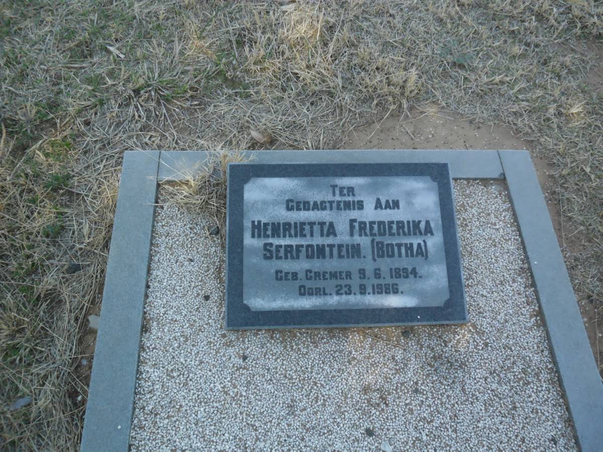 SERFONTEIN Henrietta Fredrika voorheen BOTHA nee CREMER 1894-1986