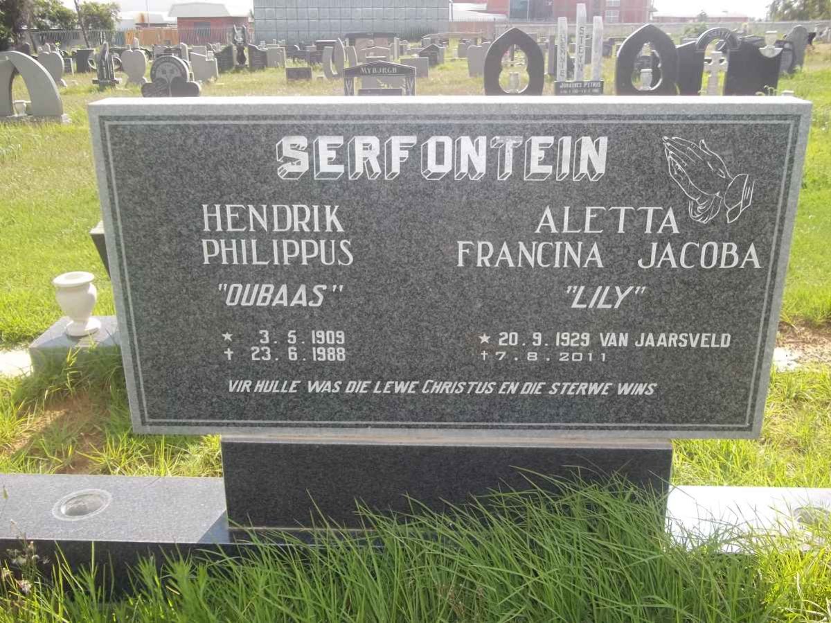 SERFONTEIN Hendrik Philippus 1909-1988 &amp; Aletta Francina Jacoba VAN JAARSVELD 1929-2011