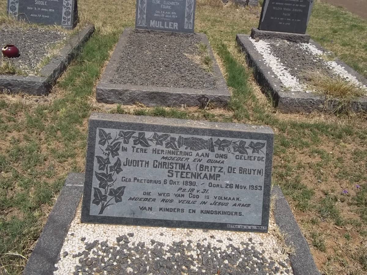 STEENKAMP Judith Christina formerly BRITZ &amp; DE BRUYN nee PRETORIUS 1890-1953